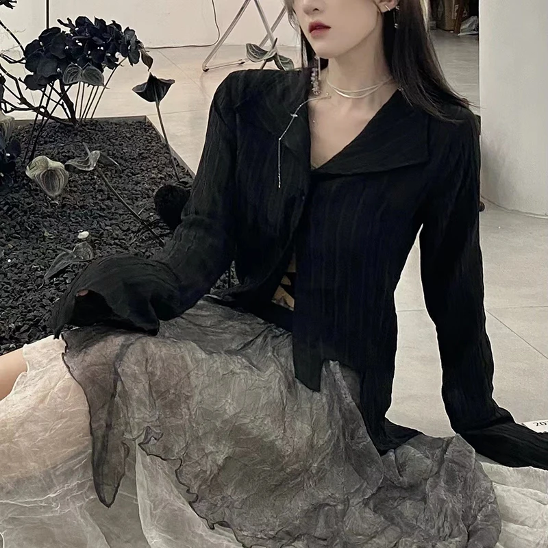 Zoki Harajuku Dark Academic Shirt Women Streetwear Vintage Y2K Blouse Sexy Gothic Long Sleeve Irregular Female Spring New Tops