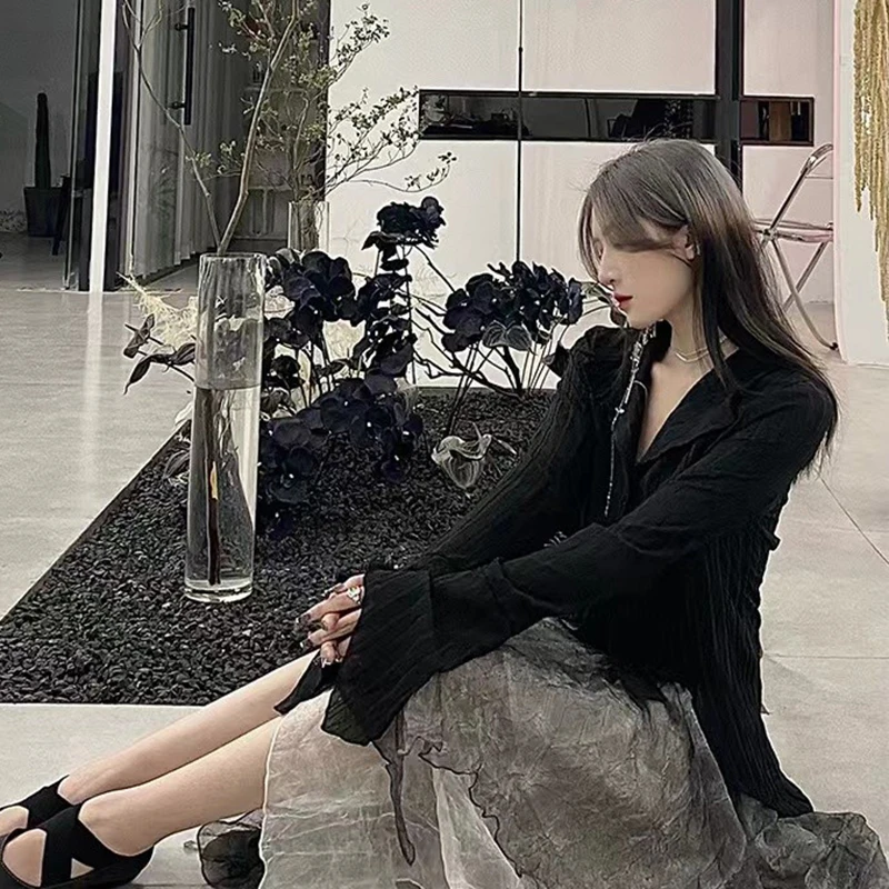 Zoki Harajuku Dark Academic Shirt Women Streetwear Vintage Y2K Blouse Sexy Gothic Long Sleeve Irregular Female Spring New Tops