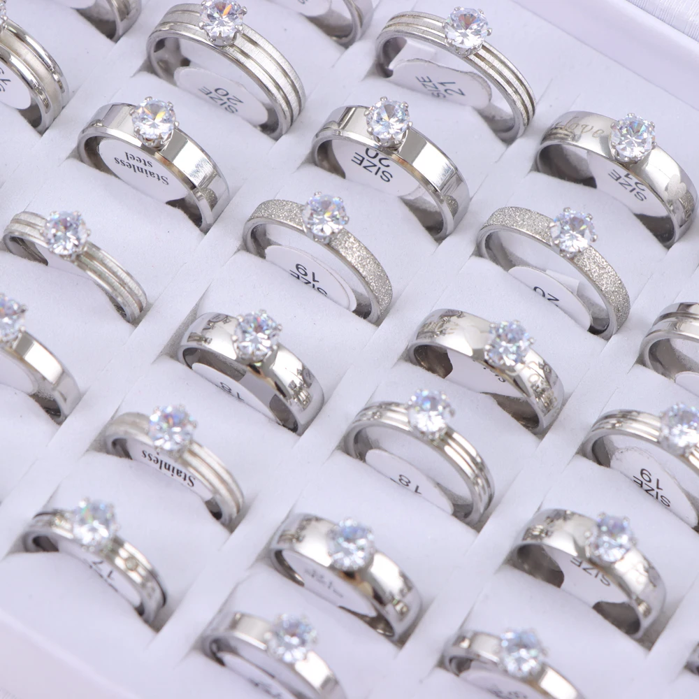 10/20/30/50Pcs/Lot Fashion Elegant Inlaid Stainless Steel Ring With Rhinestone High-end Women's Proposal Engagement Jewelry Gift