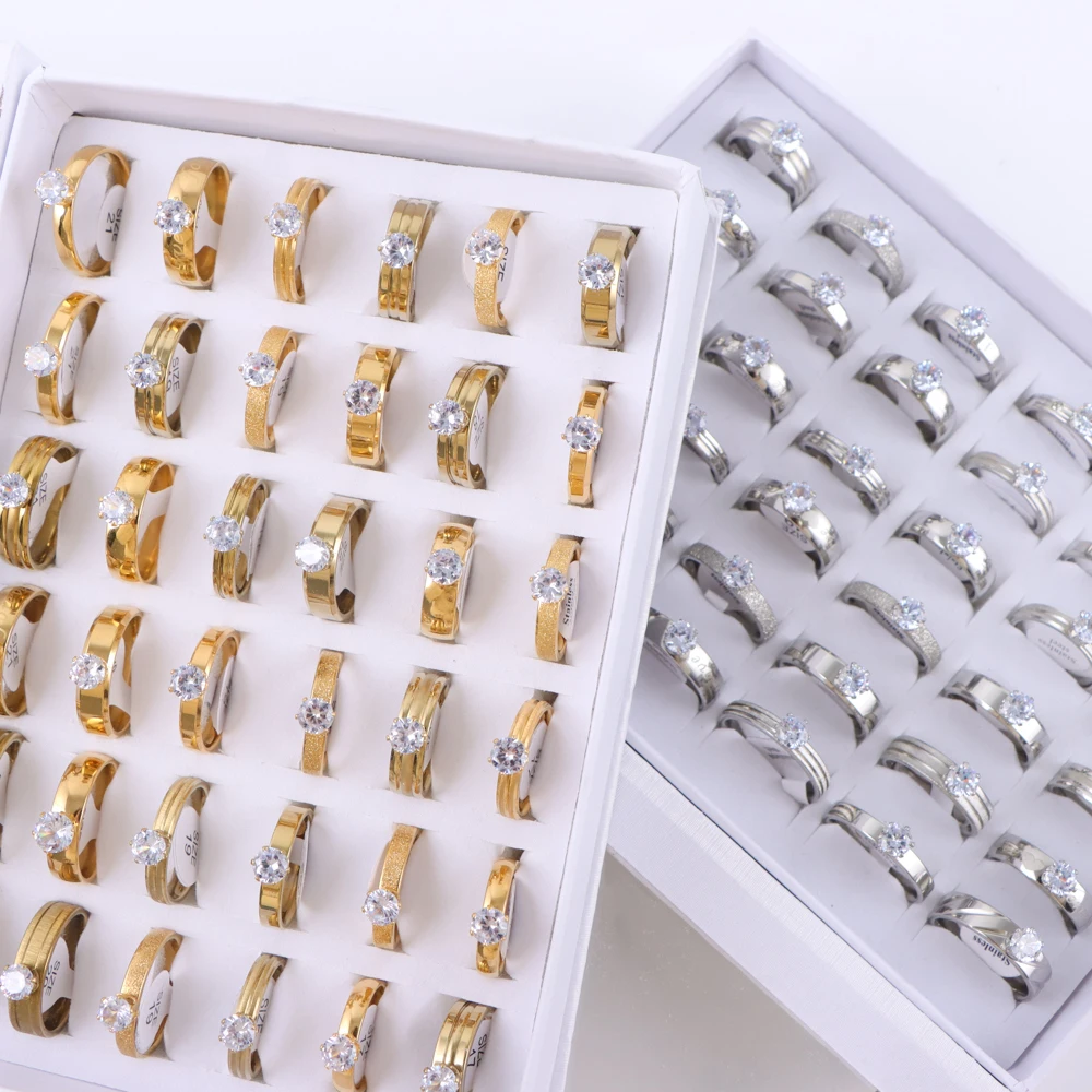 10/20/30/50Pcs/Lot Fashion Elegant Inlaid Stainless Steel Ring With Rhinestone High-end Women's Proposal Engagement Jewelry Gift