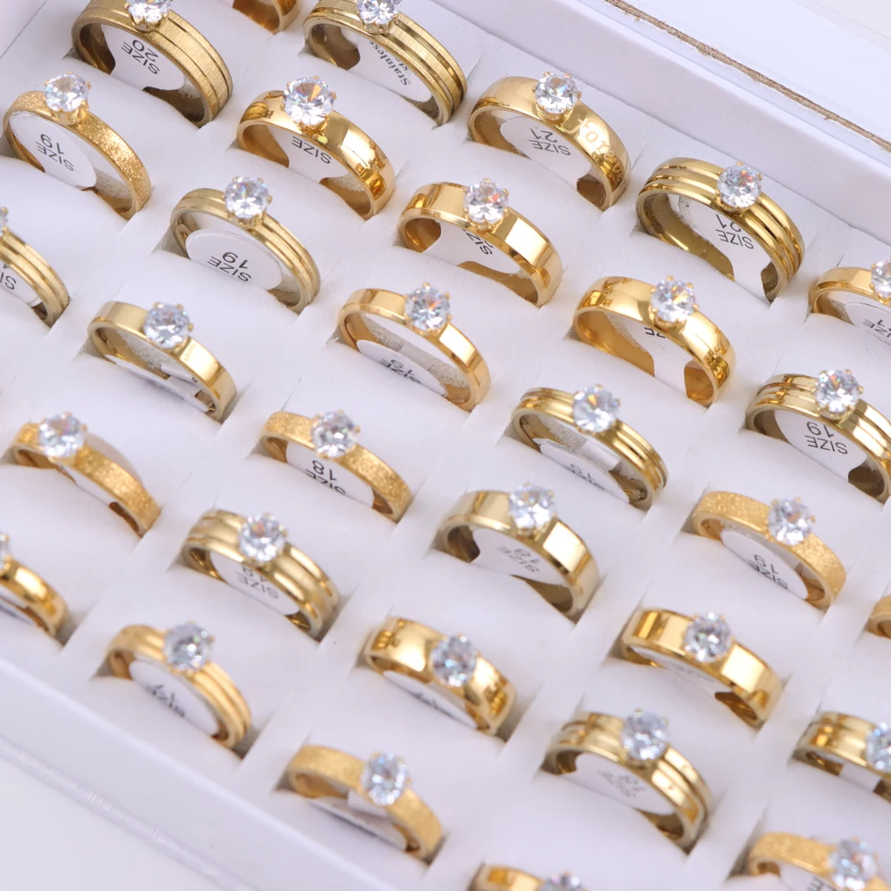 10/20/30/50Pcs/Lot Fashion Elegant Inlaid Stainless Steel Ring With Rhinestone High-end Women's Proposal Engagement Jewelry Gift