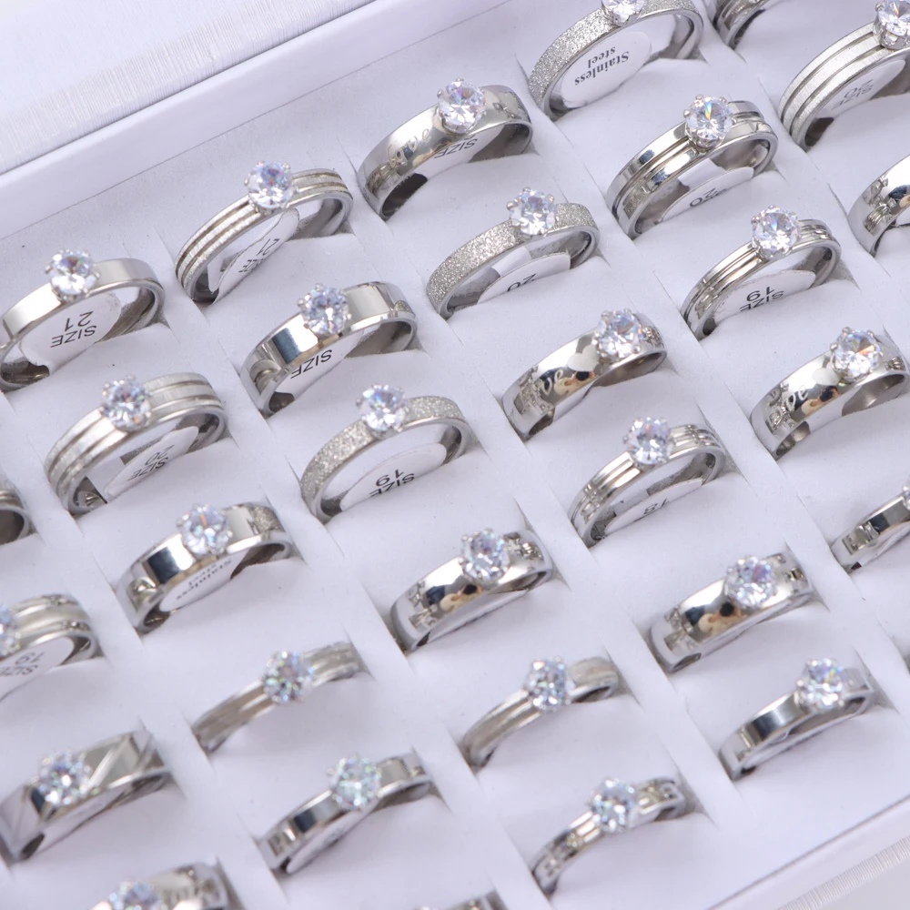 10/20/30/50Pcs/Lot Fashion Elegant Inlaid Stainless Steel Ring With Rhinestone High-end Women's Proposal Engagement Jewelry Gift