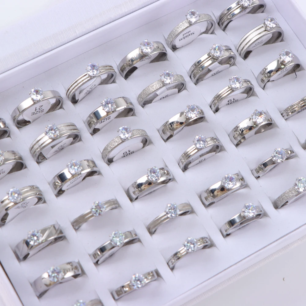 10/20/30/50Pcs/Lot Fashion Elegant Inlaid Stainless Steel Ring With Rhinestone High-end Women's Proposal Engagement Jewelry Gift