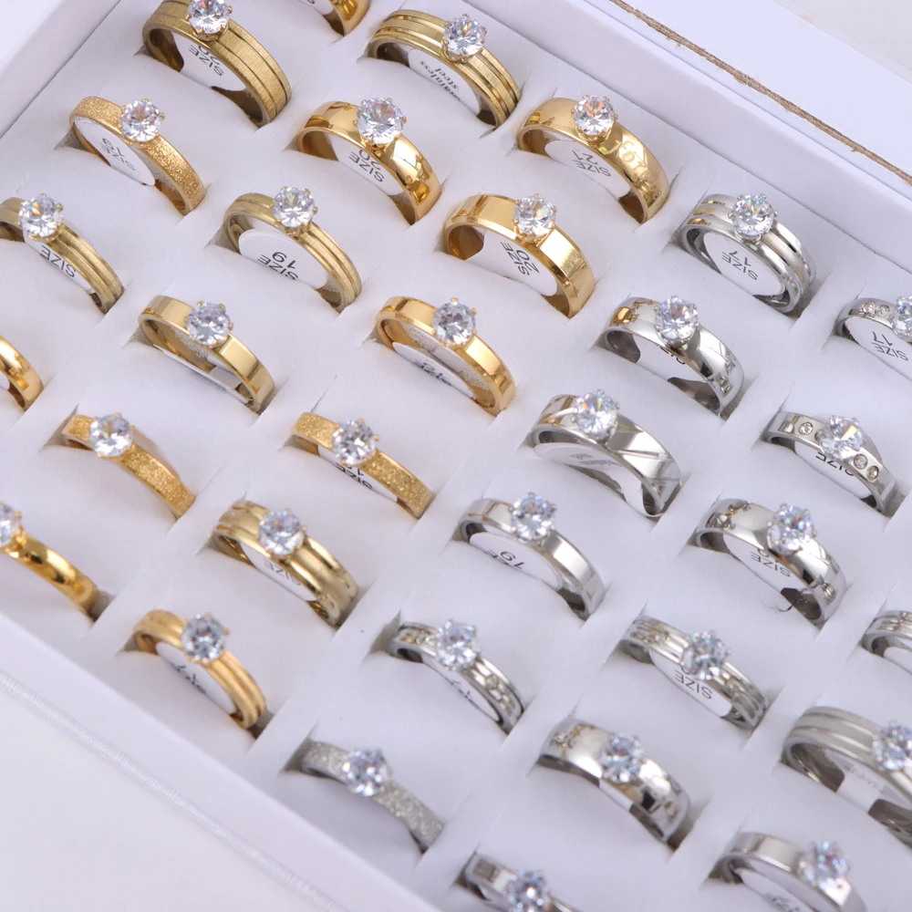 10/20/30/50Pcs/Lot Fashion Elegant Inlaid Stainless Steel Ring With Rhinestone High-end Women's Proposal Engagement Jewelry Gift