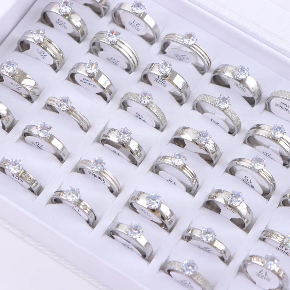 10/20/30/50Pcs/Lot Fashion Elegant Inlaid Stainless Steel Ring With Rhinestone High-end Women's Proposal Engagement Jewelry Gift