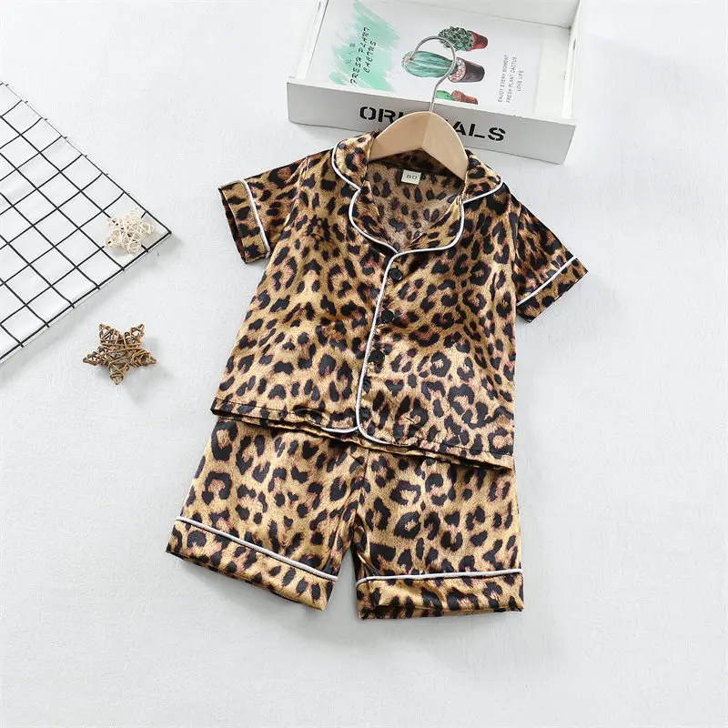 Boys Girls Kids Pajama Sets Cartoon Leopard print Short Sleeve T-Shirt Tops Pants Toddler Baby Sleeping Cloth Pijamas Sleepwear