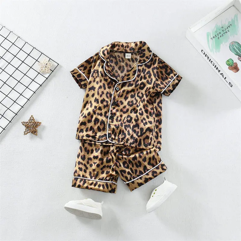 Boys Girls Kids Pajama Sets Cartoon Leopard print Short Sleeve T-Shirt Tops Pants Toddler Baby Sleeping Cloth Pijamas Sleepwear