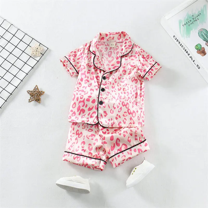 Boys Girls Kids Pajama Sets Cartoon Leopard print Short Sleeve T-Shirt Tops Pants Toddler Baby Sleeping Cloth Pijamas Sleepwear