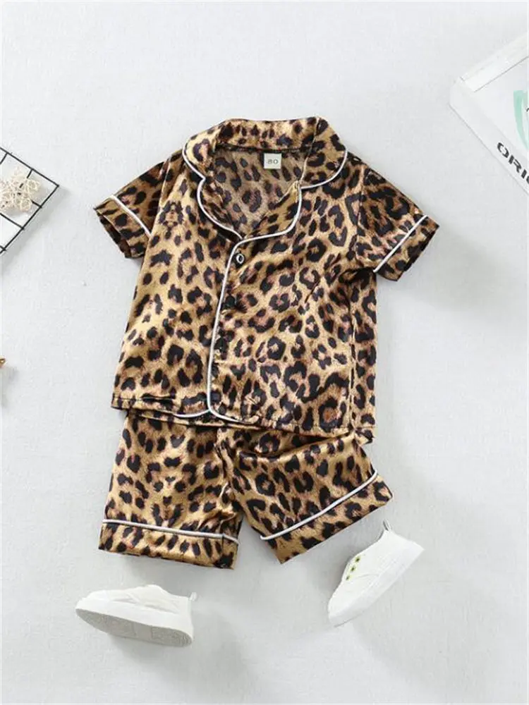 Boys Girls Kids Pajama Sets Cartoon Leopard print Short Sleeve T-Shirt Tops Pants Toddler Baby Sleeping Cloth Pijamas Sleepwear