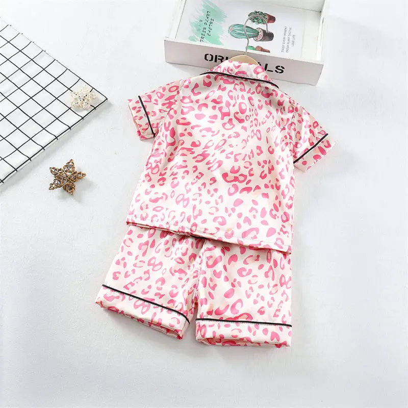 Boys Girls Kids Pajama Sets Cartoon Leopard print Short Sleeve T-Shirt Tops Pants Toddler Baby Sleeping Cloth Pijamas Sleepwear