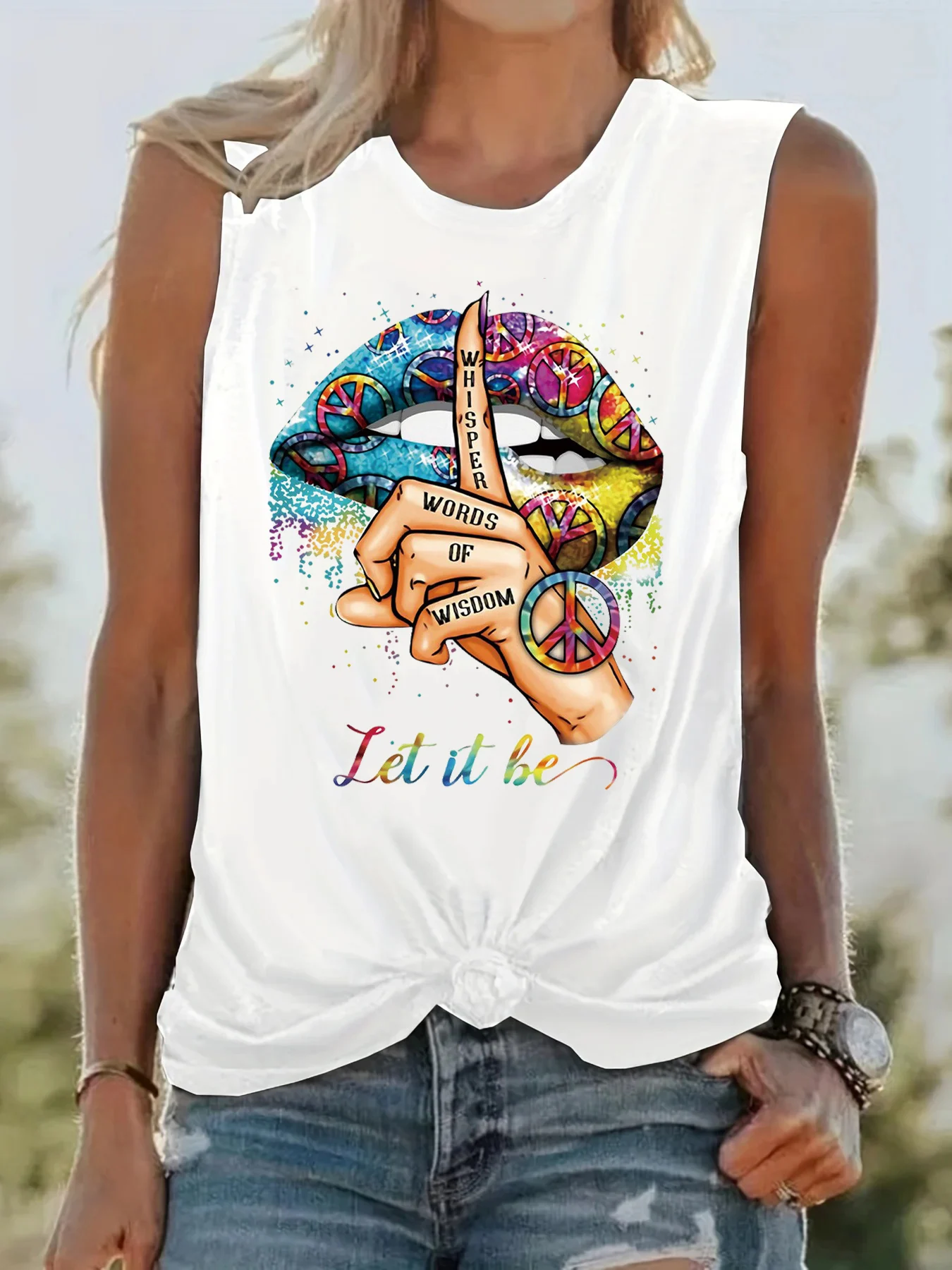 Summer Women's Colorful Lipprint Fingerprint Loose Size Round Neck Sleeveless Tank Top T-shirt