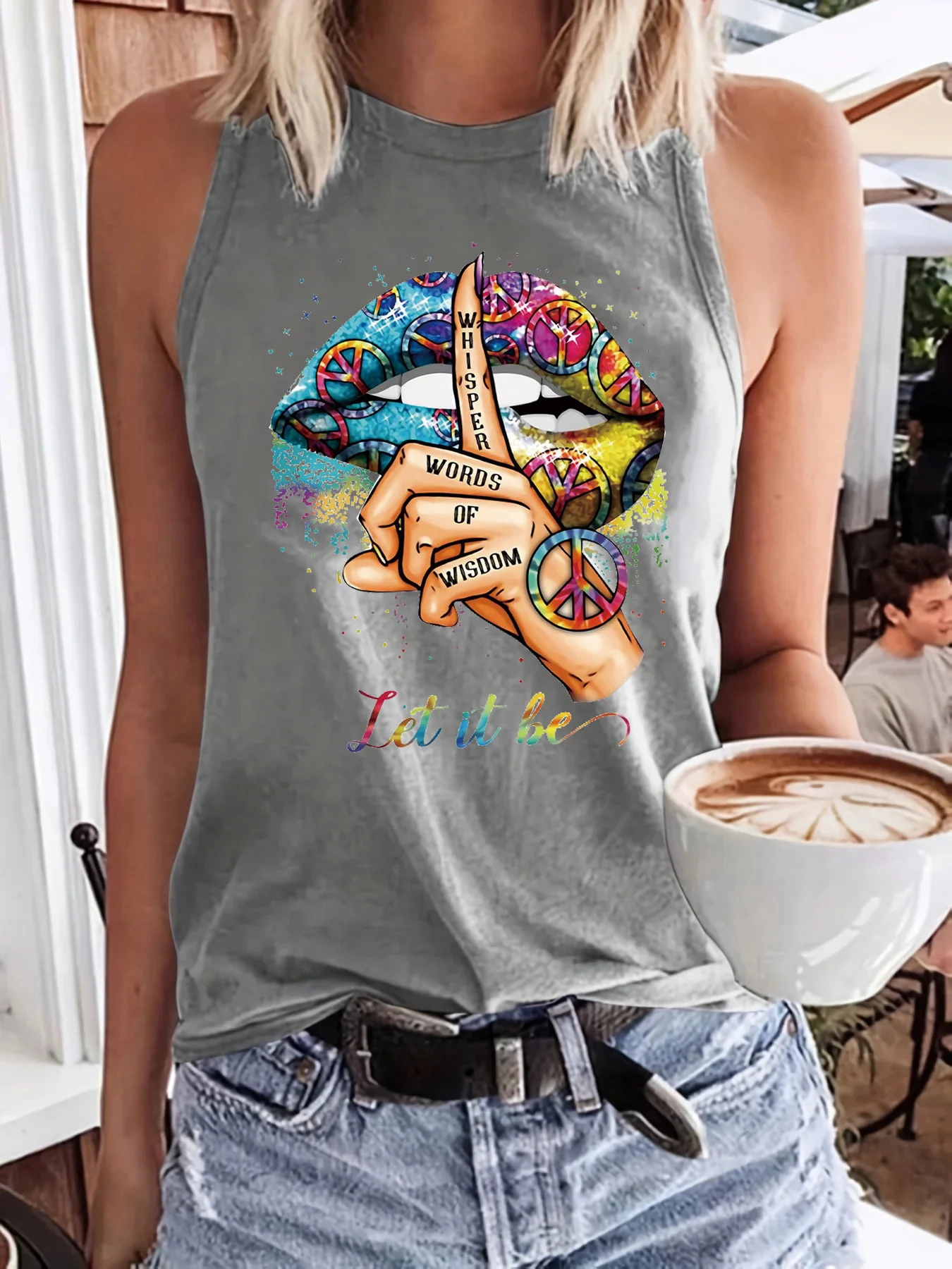Summer Women's Colorful Lipprint Fingerprint Loose Size Round Neck Sleeveless Tank Top T-shirt