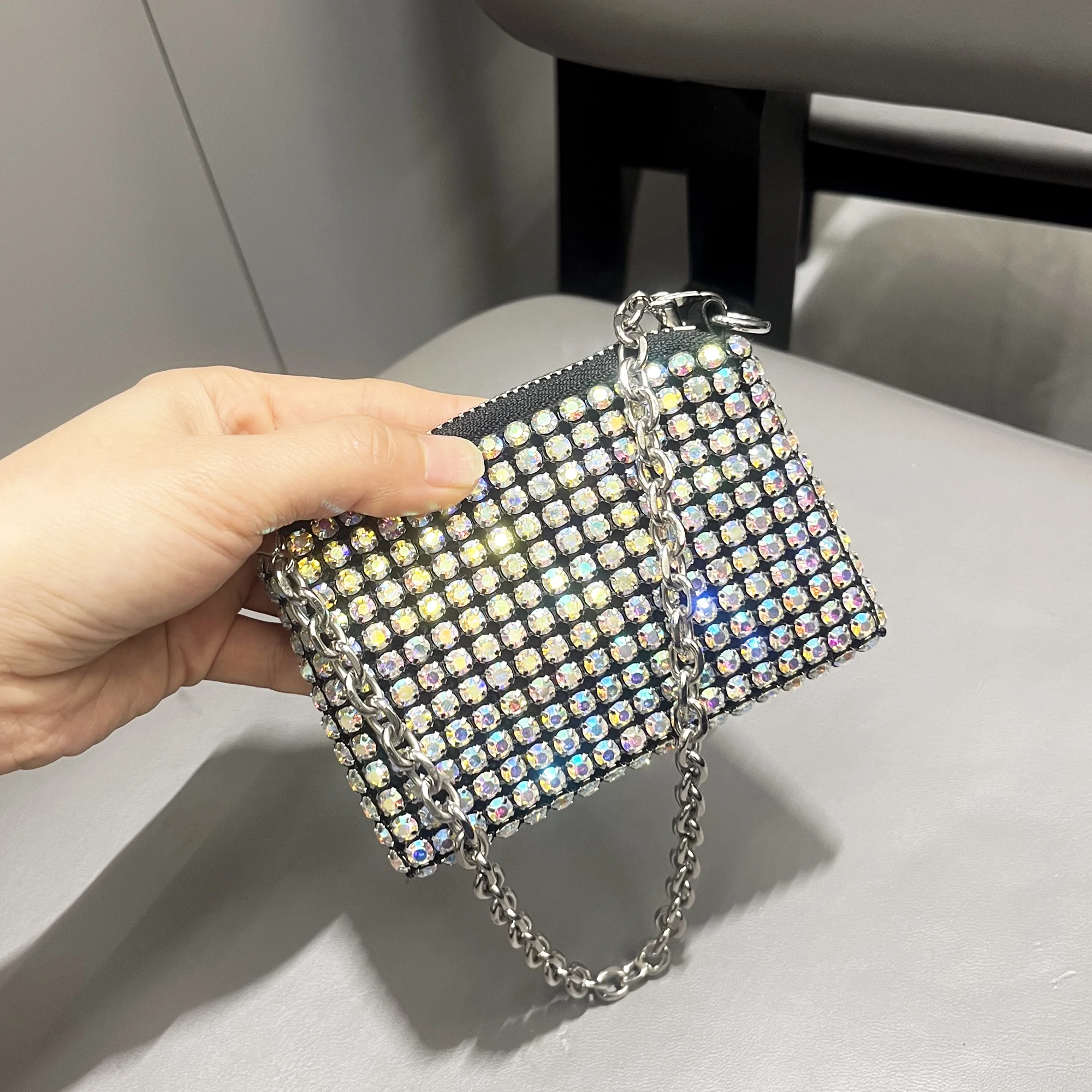 Mini Small Bag Shiny Rhinestone Coin Purse Short Chain Coin Bag Handle Small Card Bag Handle Woman's purse Design handmade