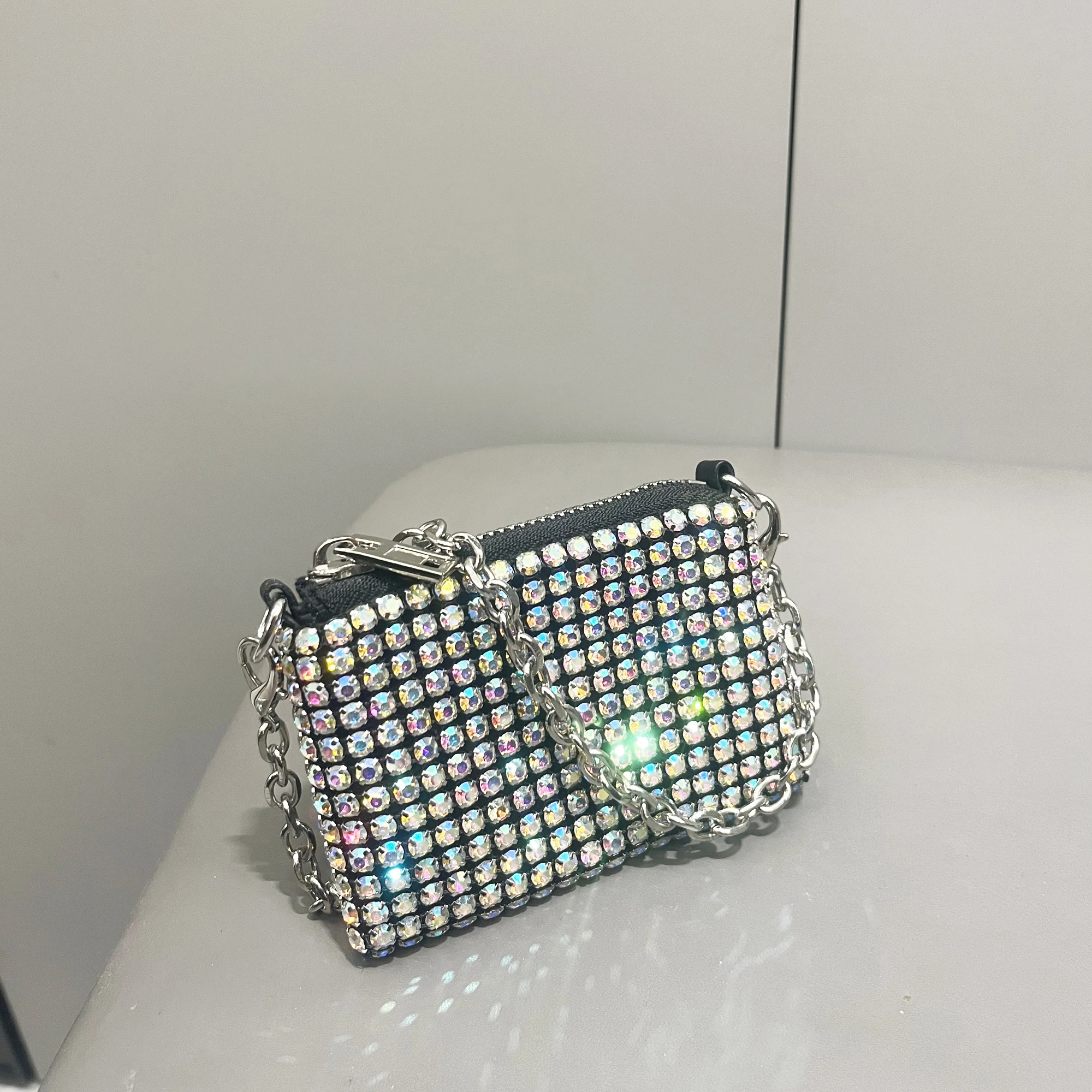 Mini Small Bag Shiny Rhinestone Coin Purse Short Chain Coin Bag Handle Small Card Bag Handle Woman's purse Design handmade