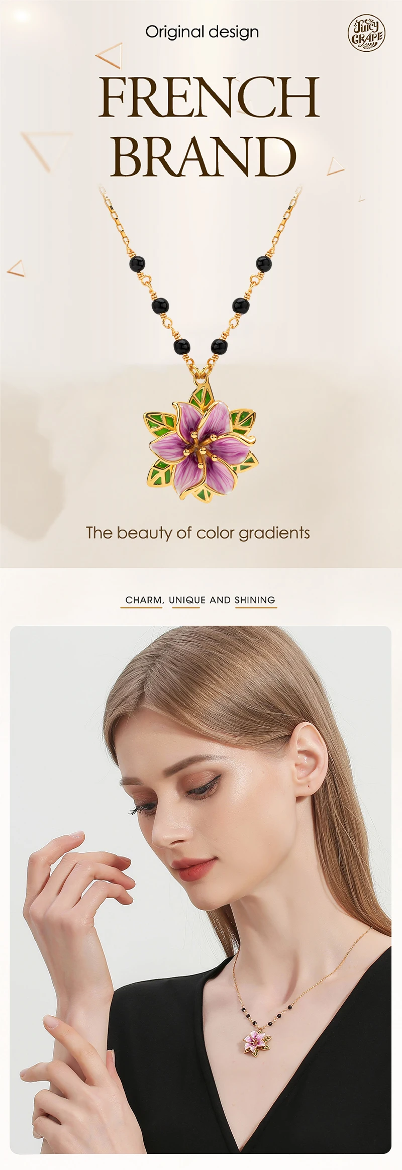 Juicy Grape Eustoma Flower Necklace for Women Sweet Elegant Handmade Enamel Flower Necklace 18K Gold Plated Birthday Gift