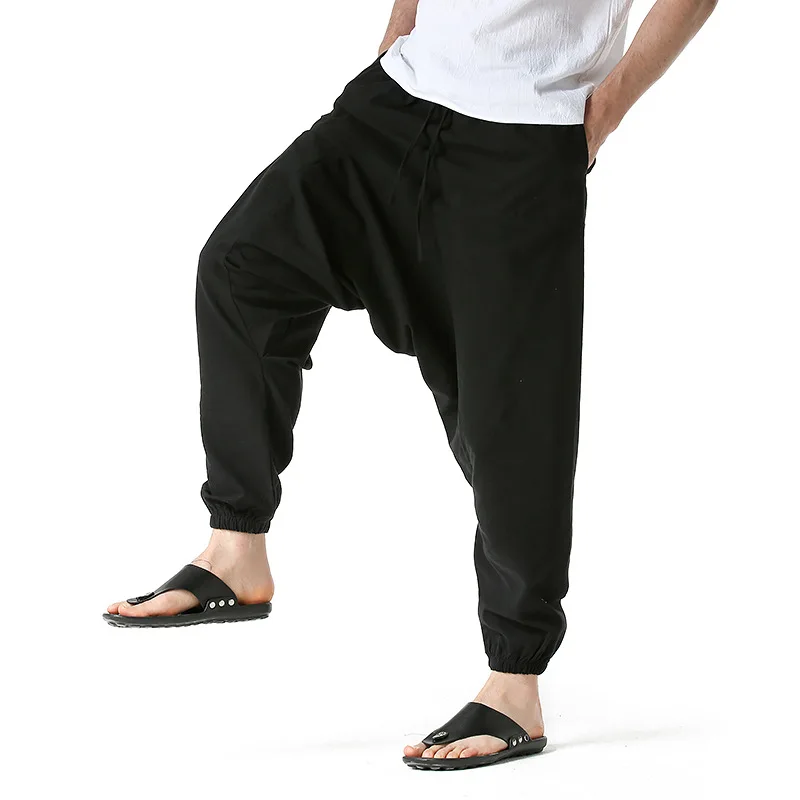 Men Cotton and Linen Pants Harem Pants Baggy Casual Oversize Loose Joggers Wide Leg Pants Yoga Drop Crotch Trousers Hip Hop