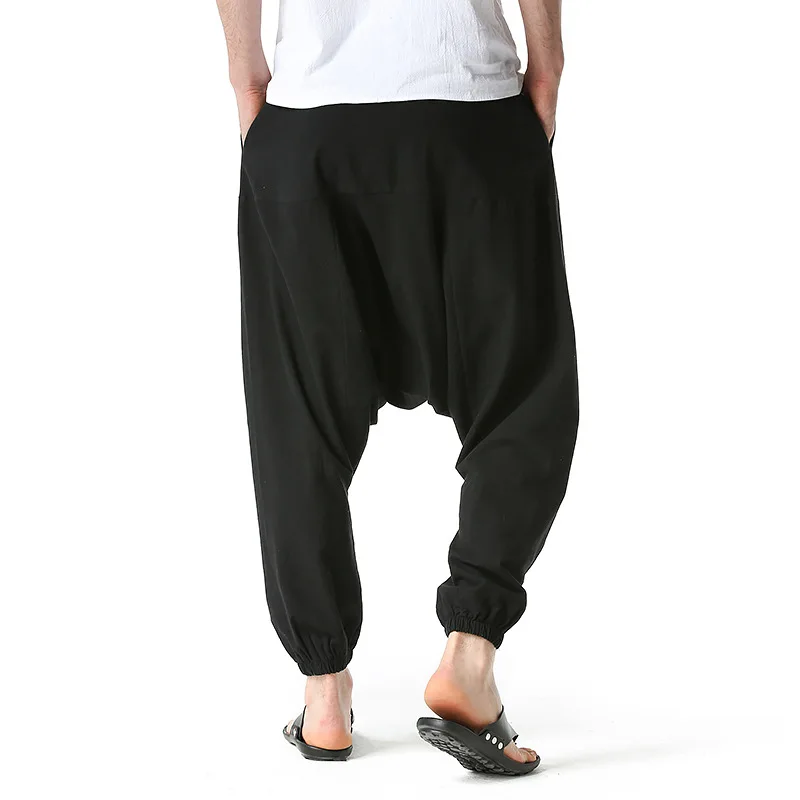Men Cotton and Linen Pants Harem Pants Baggy Casual Oversize Loose Joggers Wide Leg Pants Yoga Drop Crotch Trousers Hip Hop