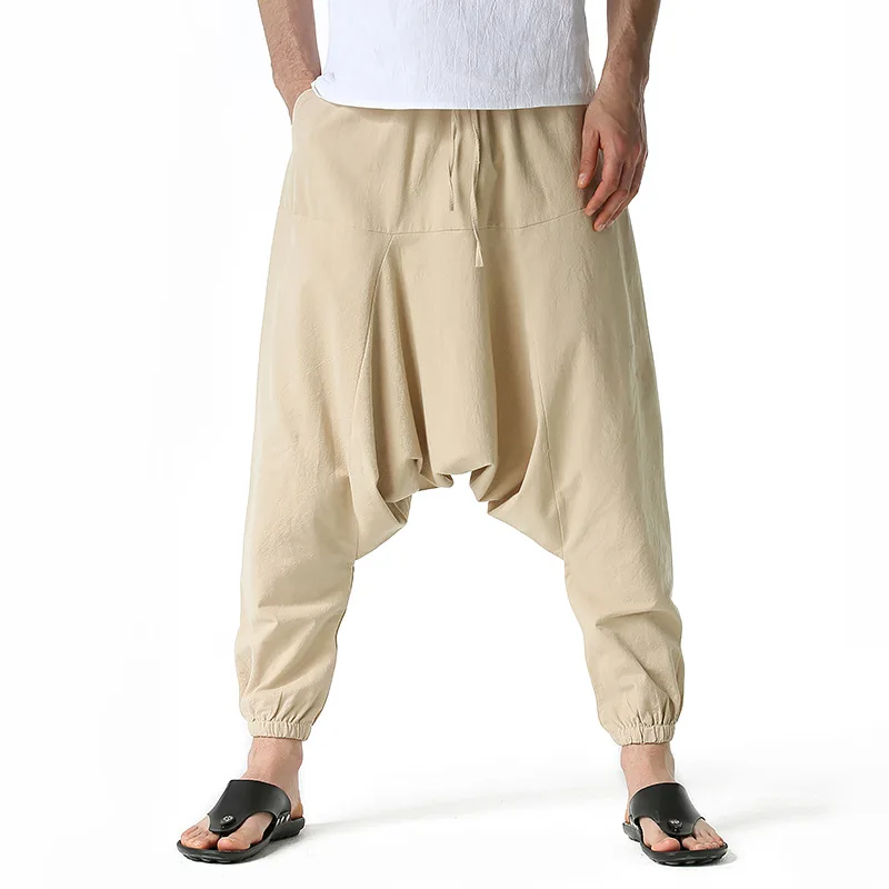 Men Cotton and Linen Pants Harem Pants Baggy Casual Oversize Loose Joggers Wide Leg Pants Yoga Drop Crotch Trousers Hip Hop
