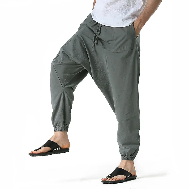Men Cotton and Linen Pants Harem Pants Baggy Casual Oversize Loose Joggers Wide Leg Pants Yoga Drop Crotch Trousers Hip Hop