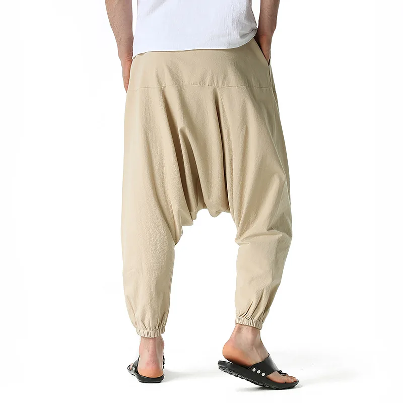Men Cotton and Linen Pants Harem Pants Baggy Casual Oversize Loose Joggers Wide Leg Pants Yoga Drop Crotch Trousers Hip Hop