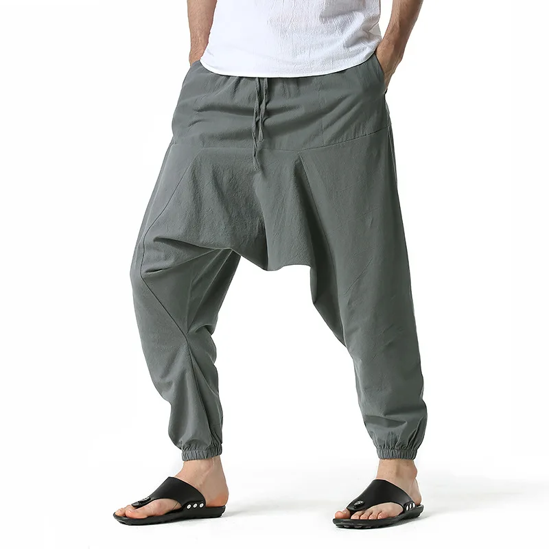 Men Cotton and Linen Pants Harem Pants Baggy Casual Oversize Loose Joggers Wide Leg Pants Yoga Drop Crotch Trousers Hip Hop