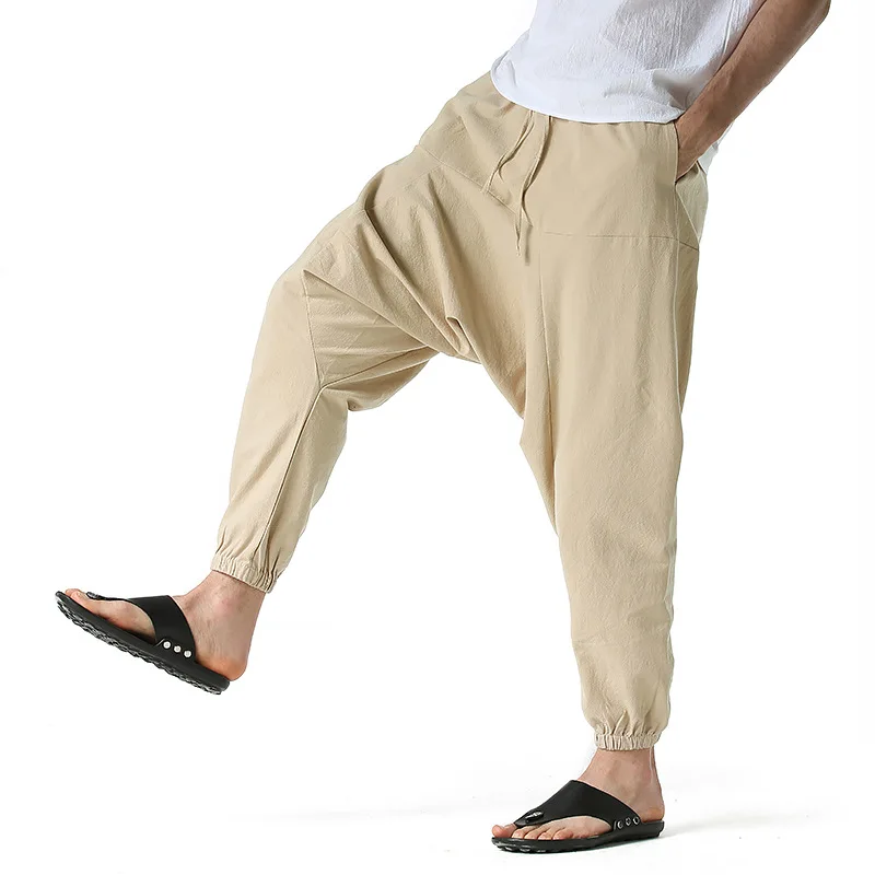 Men Cotton and Linen Pants Harem Pants Baggy Casual Oversize Loose Joggers Wide Leg Pants Yoga Drop Crotch Trousers Hip Hop