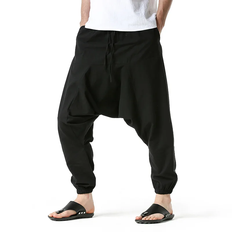 Men Cotton and Linen Pants Harem Pants Baggy Casual Oversize Loose Joggers Wide Leg Pants Yoga Drop Crotch Trousers Hip Hop