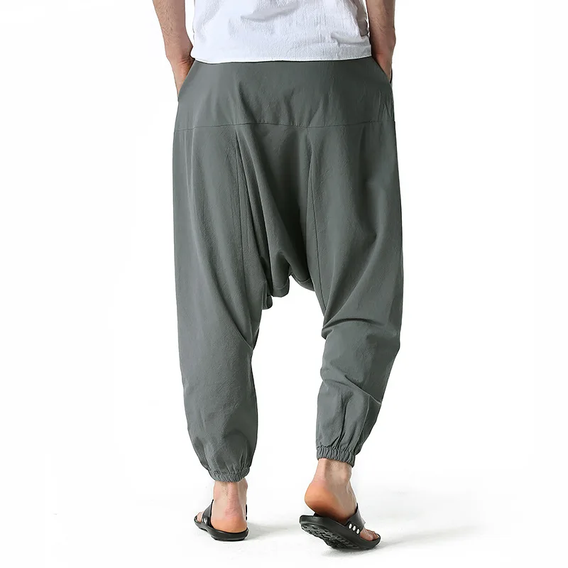 Men Cotton and Linen Pants Harem Pants Baggy Casual Oversize Loose Joggers Wide Leg Pants Yoga Drop Crotch Trousers Hip Hop