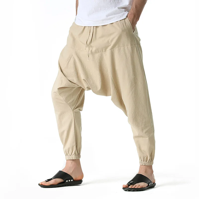 Men Cotton and Linen Pants Harem Pants Baggy Casual Oversize Loose Joggers Wide Leg Pants Yoga Drop Crotch Trousers Hip Hop