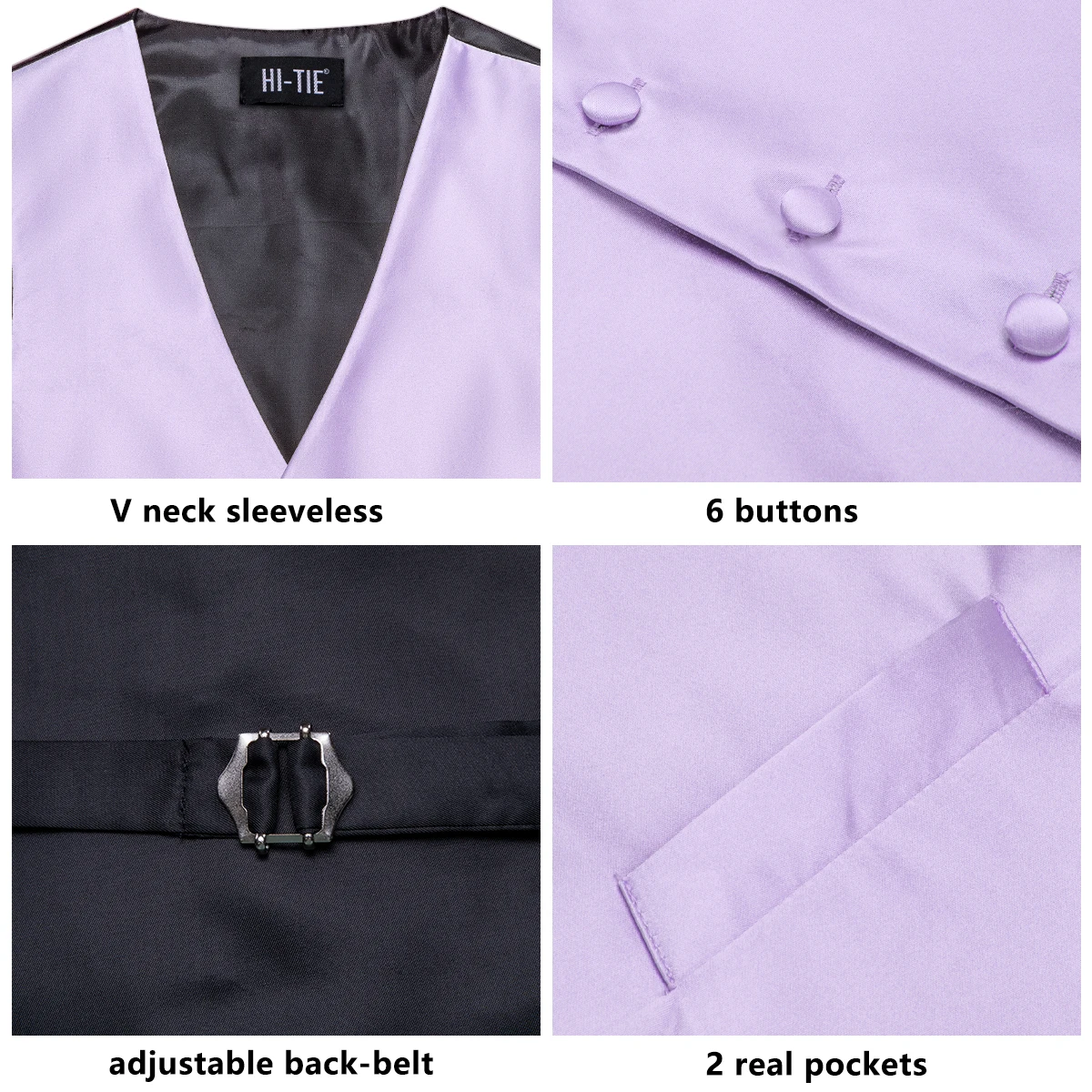 Hi-Tie Solid Voilet Lilac Mens Suit Vest 4PC Woven Waistcoat Tie Pocket Square Cufflink Business Wedding Dress Waist Jacket
