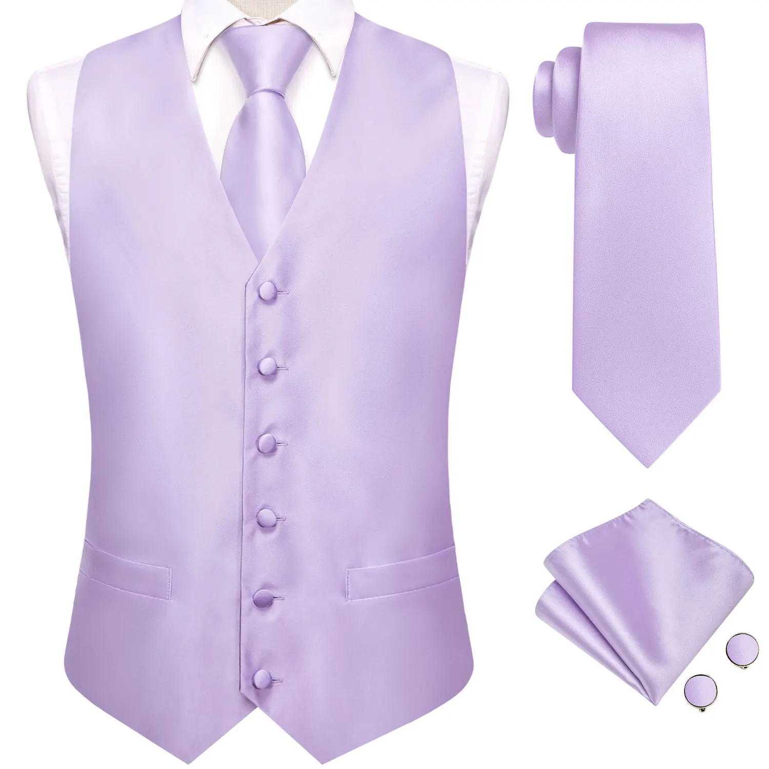 Hi-Tie Solid Voilet Lilac Mens Suit Vest 4PC Woven Waistcoat Tie Pocket Square Cufflink Business Wedding Dress Waist Jacket
