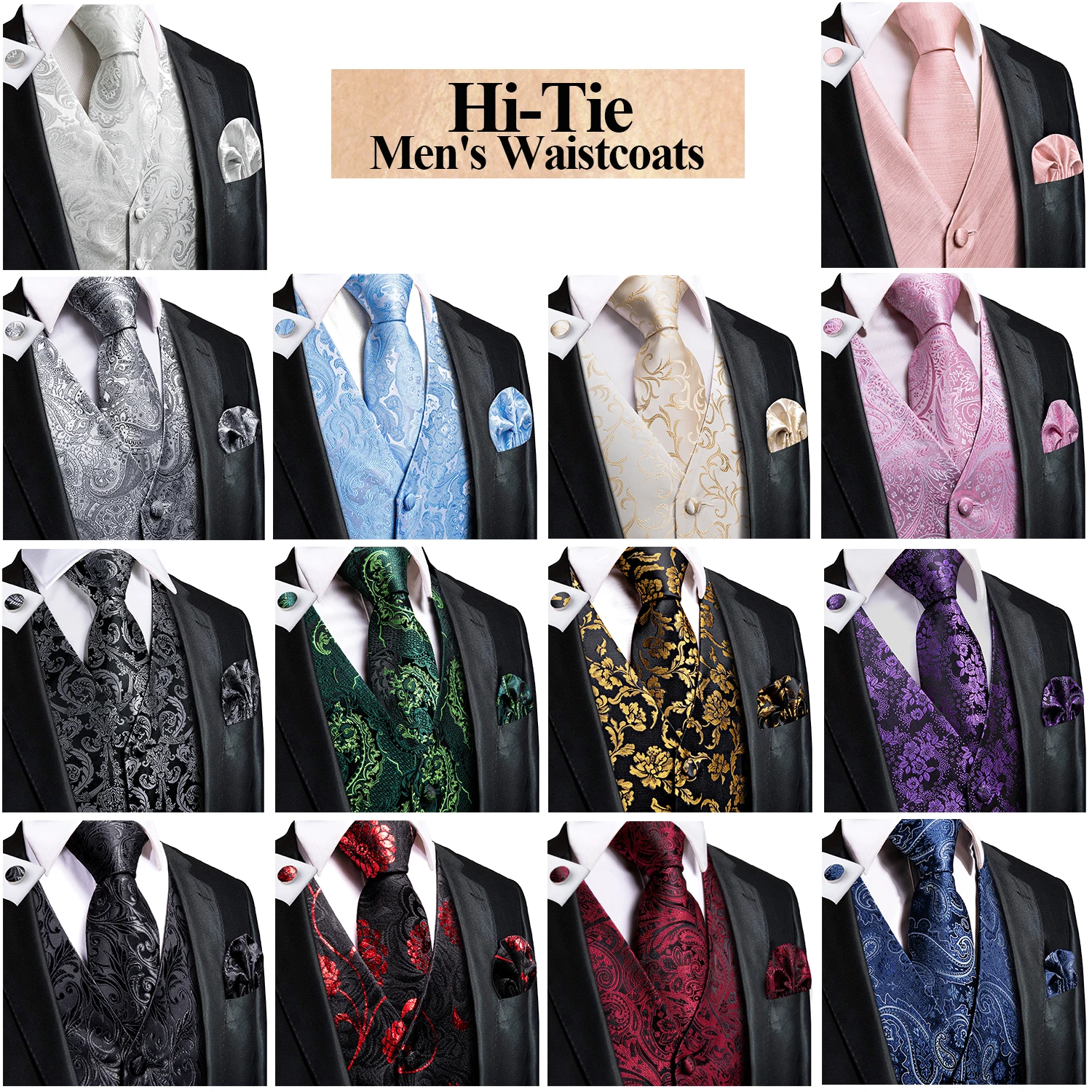 Hi-Tie Solid Voilet Lilac Mens Suit Vest 4PC Woven Waistcoat Tie Pocket Square Cufflink Business Wedding Dress Waist Jacket