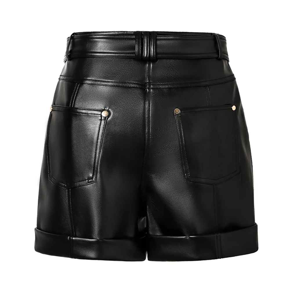 New Autumn Collections High Quality PU Leather Black Women Shorts with Belt All-mtach Casual Female Clothing