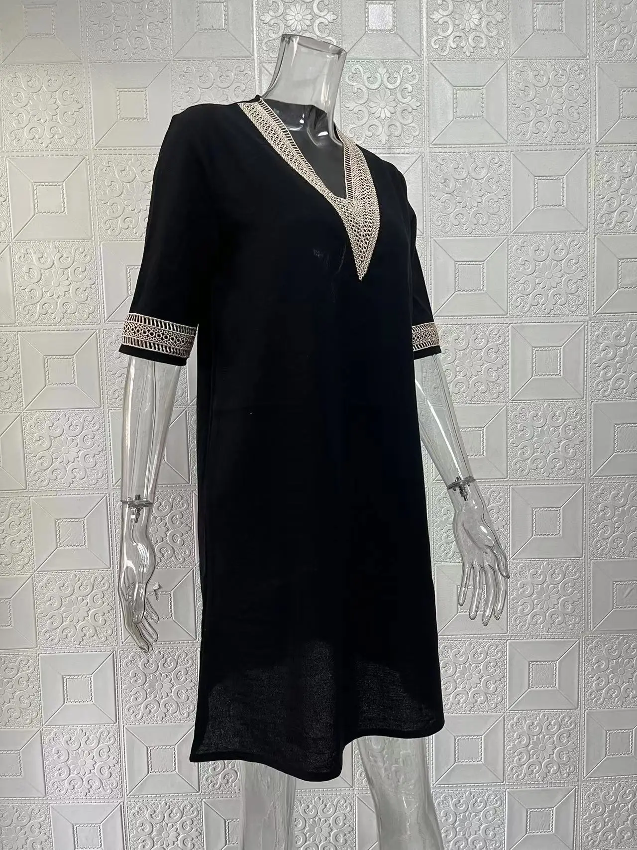 New Solid Color V-Neck Mid-Sleeved Elegant Dress