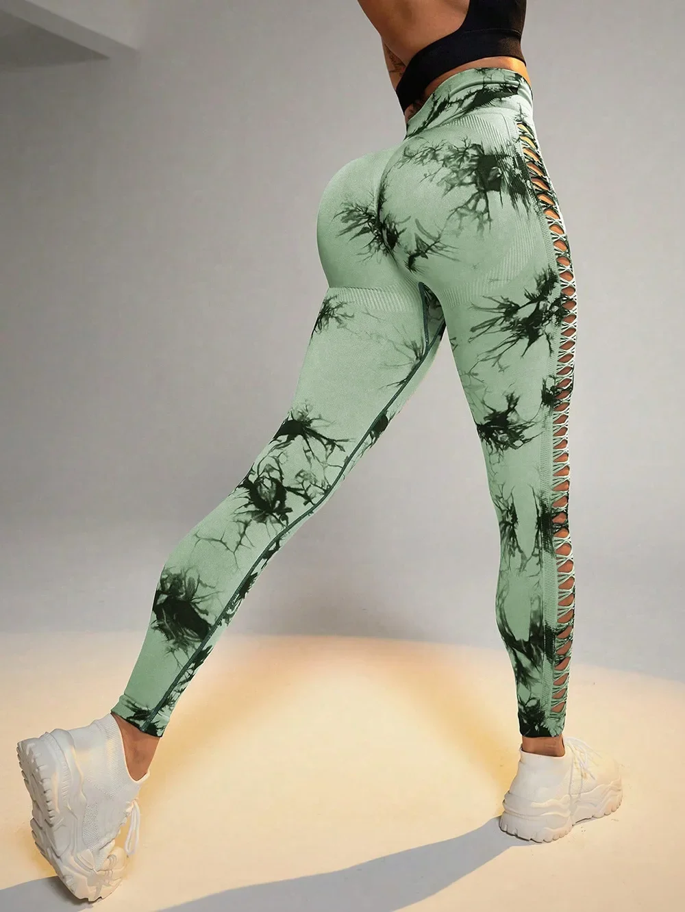 Women Hollow Out Tie Dye Legging Seamless Knit Pants High Elastic Hip Liftting Yoga Tights Gym Running Sexy Slim Leggings