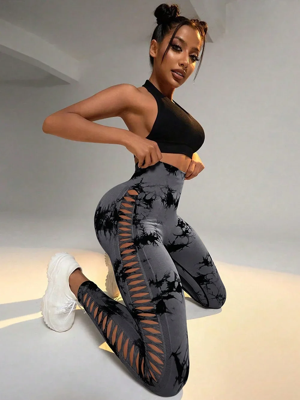 Women Hollow Out Tie Dye Legging Seamless Knit Pants High Elastic Hip Liftting Yoga Tights Gym Running Sexy Slim Leggings