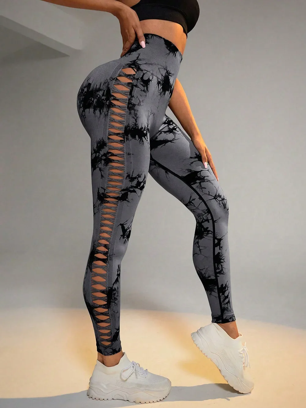 Women Hollow Out Tie Dye Legging Seamless Knit Pants High Elastic Hip Liftting Yoga Tights Gym Running Sexy Slim Leggings
