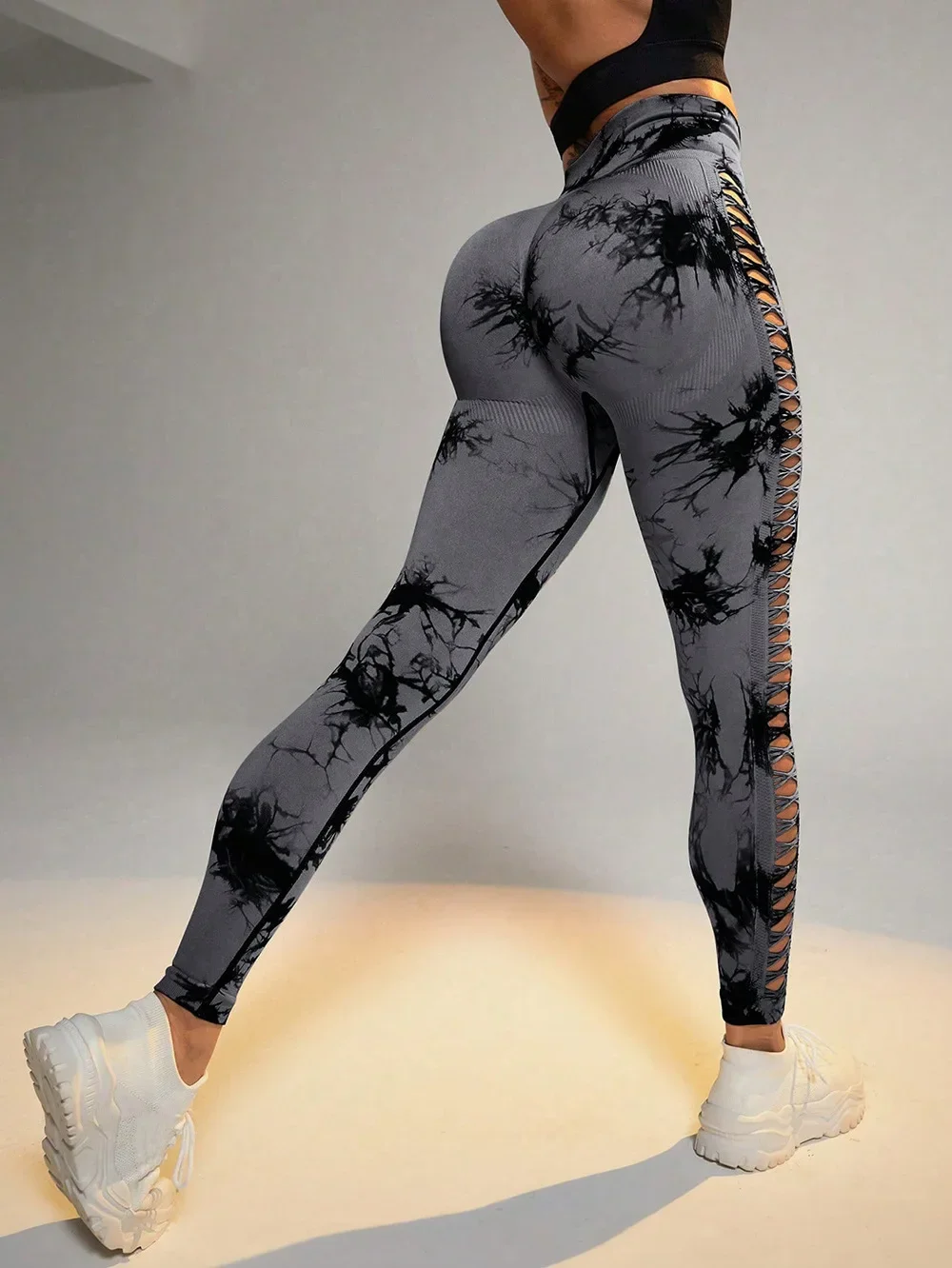 Women Hollow Out Tie Dye Legging Seamless Knit Pants High Elastic Hip Liftting Yoga Tights Gym Running Sexy Slim Leggings