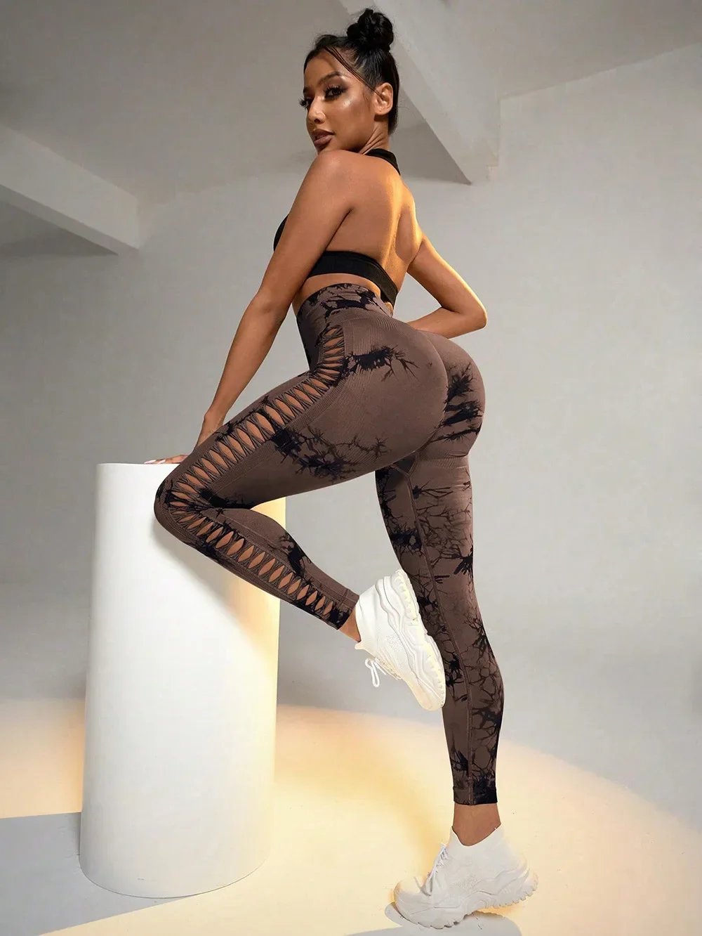 Women Hollow Out Tie Dye Legging Seamless Knit Pants High Elastic Hip Liftting Yoga Tights Gym Running Sexy Slim Leggings