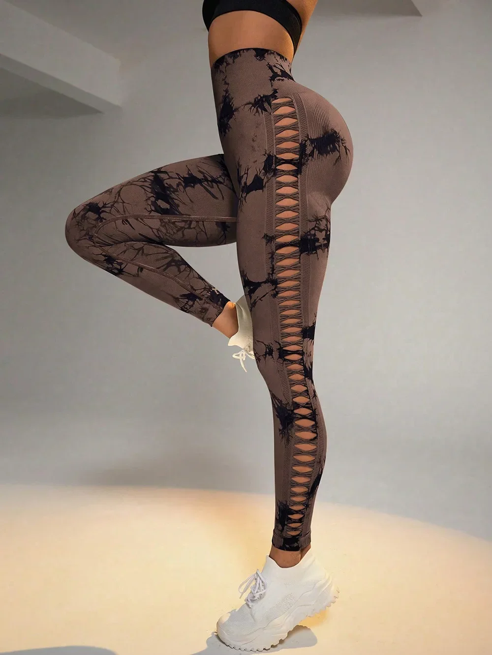 Women Hollow Out Tie Dye Legging Seamless Knit Pants High Elastic Hip Liftting Yoga Tights Gym Running Sexy Slim Leggings