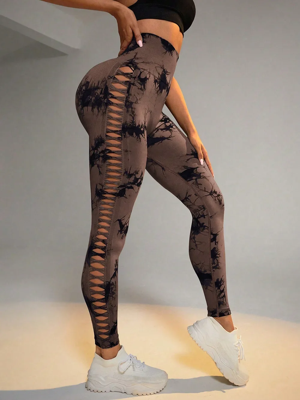 Women Hollow Out Tie Dye Legging Seamless Knit Pants High Elastic Hip Liftting Yoga Tights Gym Running Sexy Slim Leggings