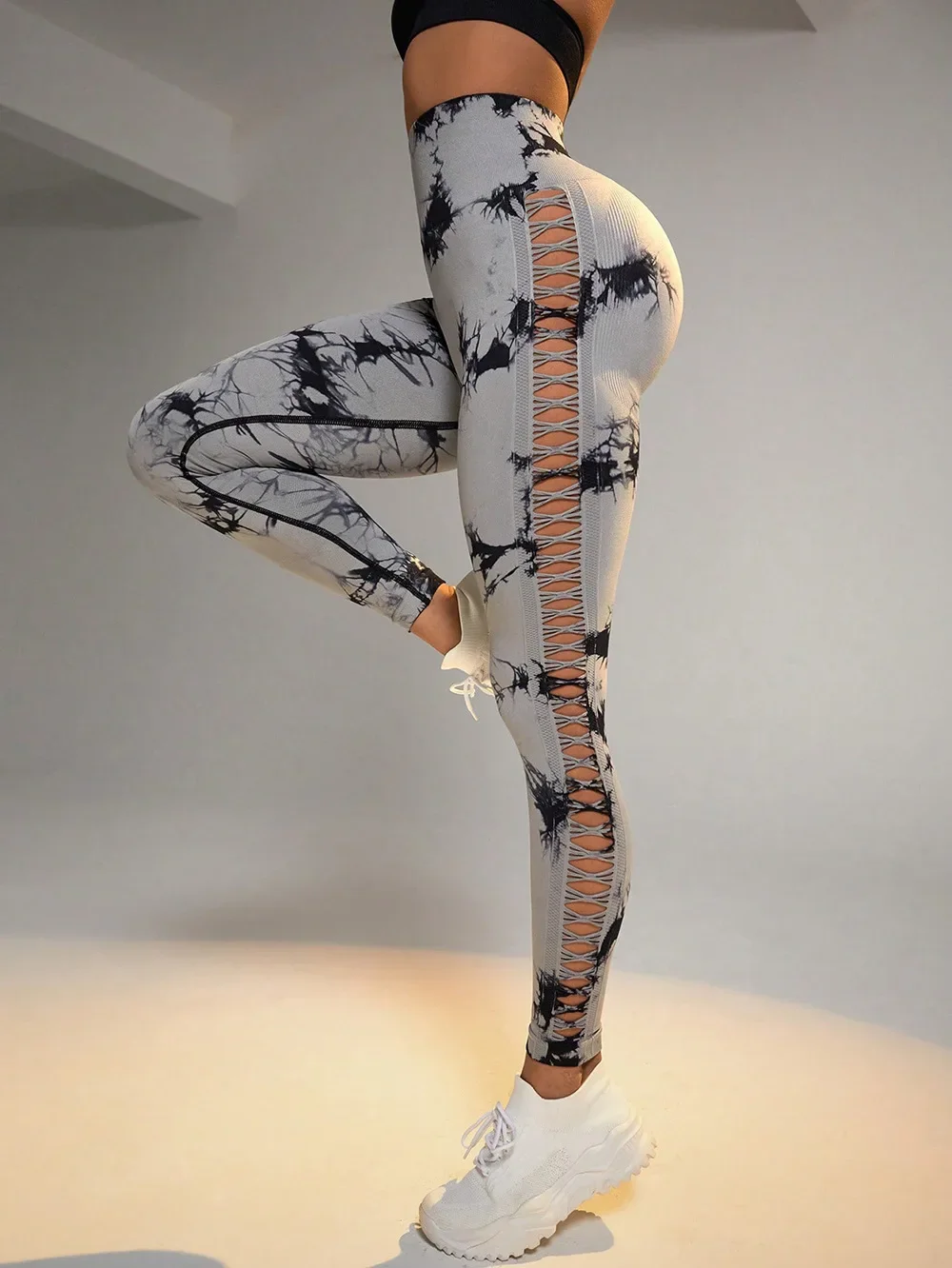 Women Hollow Out Tie Dye Legging Seamless Knit Pants High Elastic Hip Liftting Yoga Tights Gym Running Sexy Slim Leggings