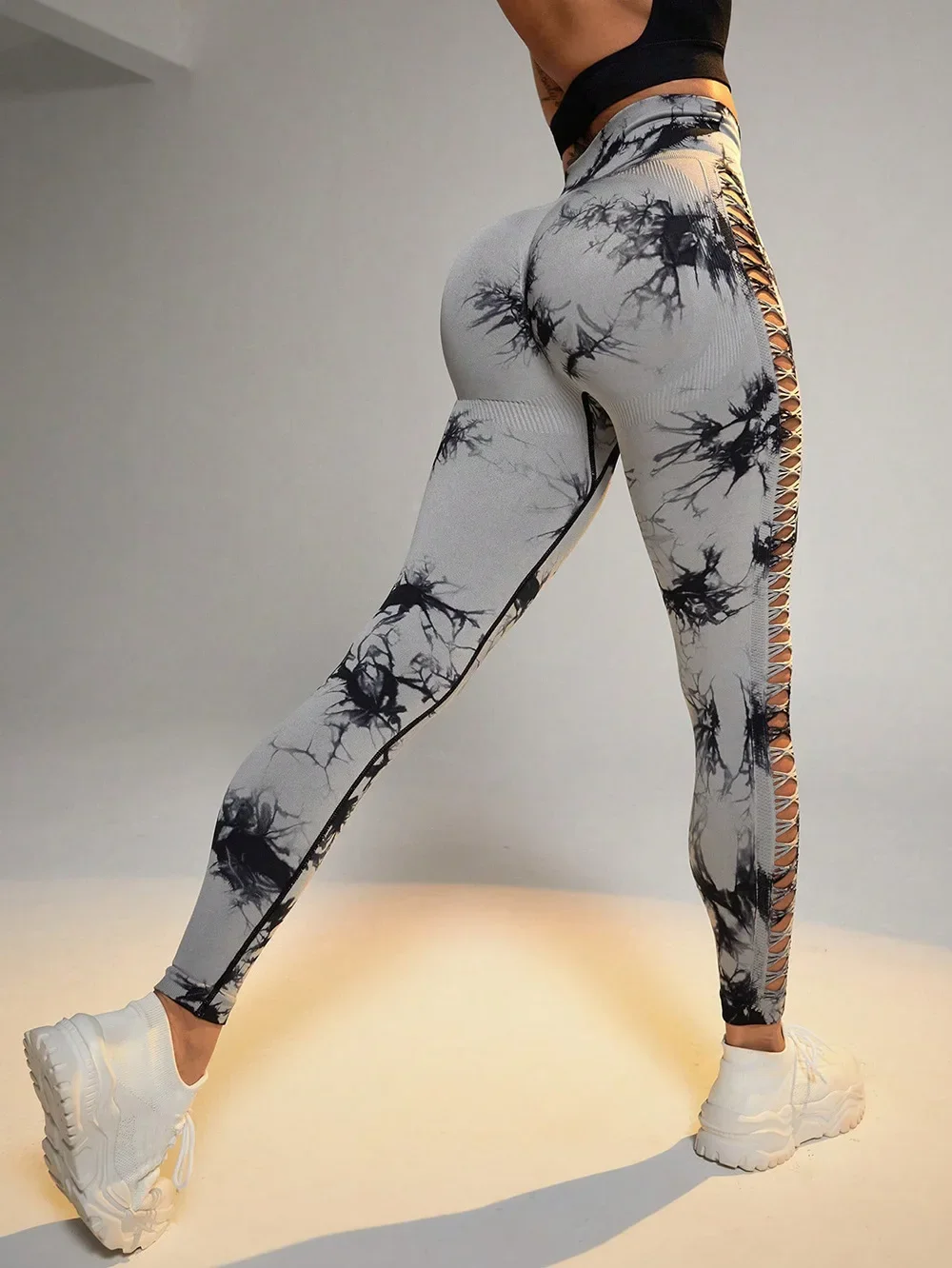 Women Hollow Out Tie Dye Legging Seamless Knit Pants High Elastic Hip Liftting Yoga Tights Gym Running Sexy Slim Leggings