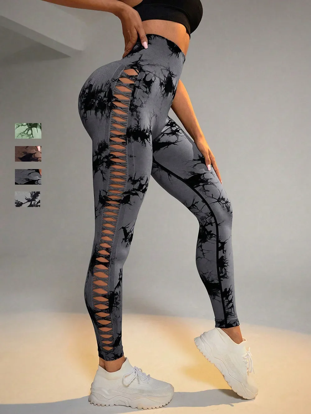 Women Hollow Out Tie Dye Legging Seamless Knit Pants High Elastic Hip Liftting Yoga Tights Gym Running Sexy Slim Leggings