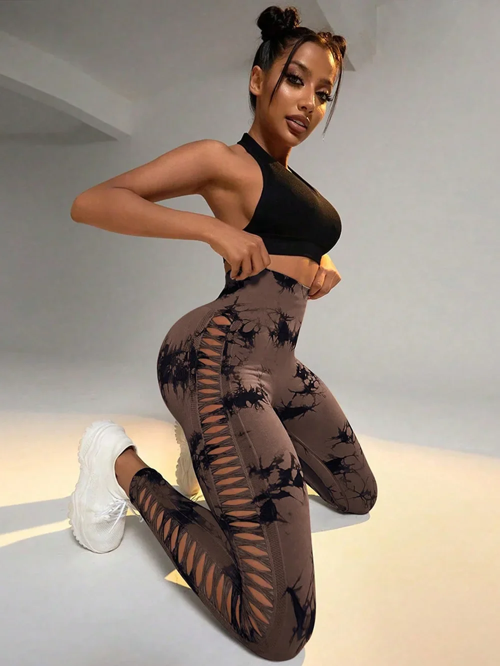 Women Hollow Out Tie Dye Legging Seamless Knit Pants High Elastic Hip Liftting Yoga Tights Gym Running Sexy Slim Leggings