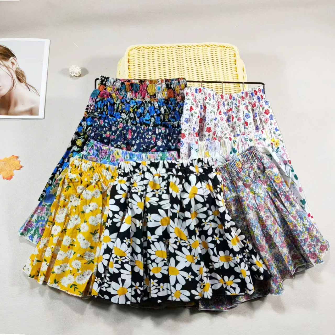 Girl's Cotton Floral Princess Hundred Fold Skirt Sweet Big Girl Tutu Skirt Elastic Waist Mini Skirt, Children's Skirt