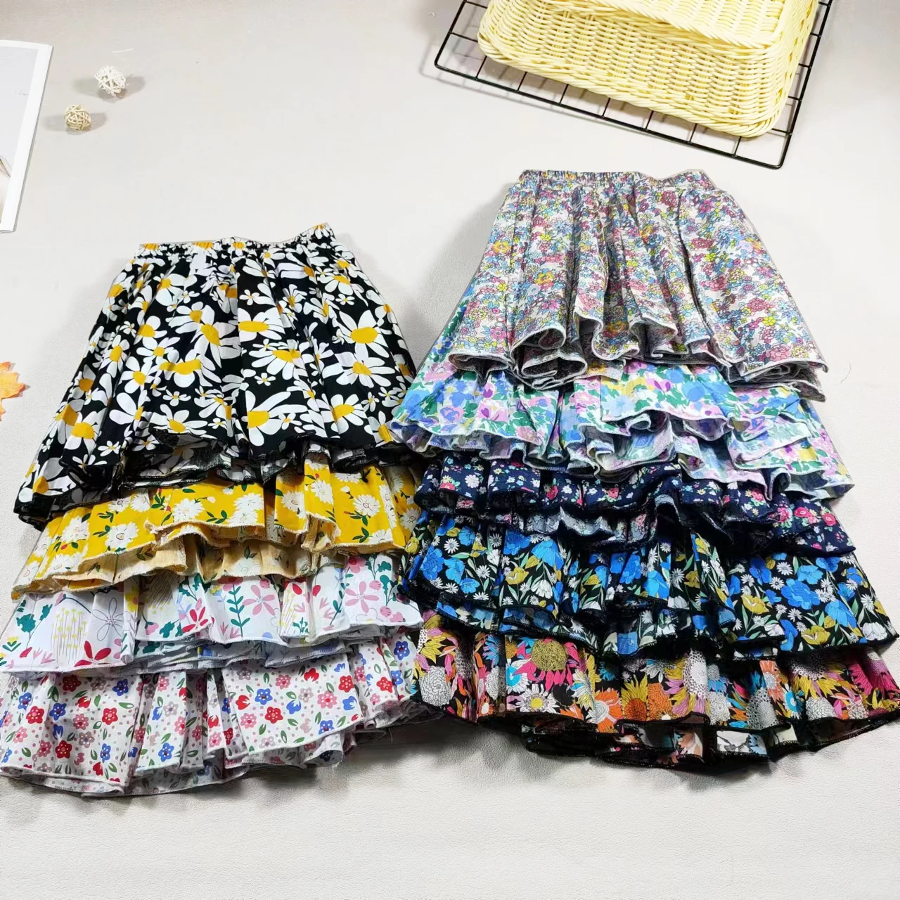 Girl's Cotton Floral Princess Hundred Fold Skirt Sweet Big Girl Tutu Skirt Elastic Waist Mini Skirt, Children's Skirt