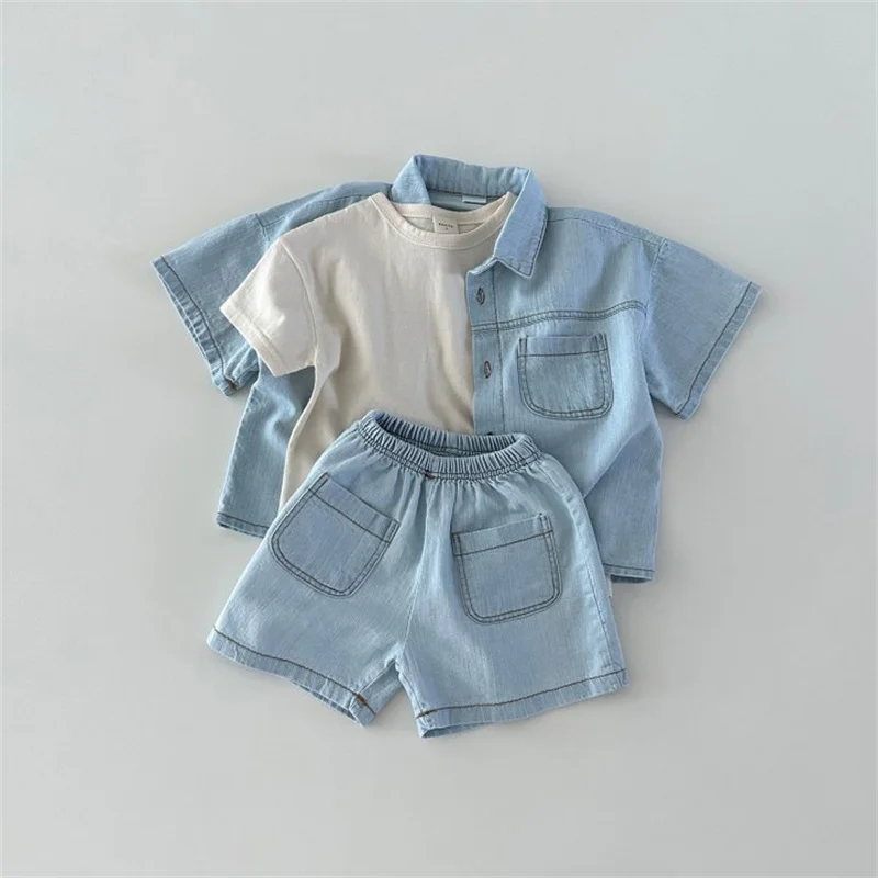 New Korean Version of Short-Sleeved Denim Shirt and Shorts Set for Boys and Girls, Summer Fashionable and Stylish Two-Piece Set
