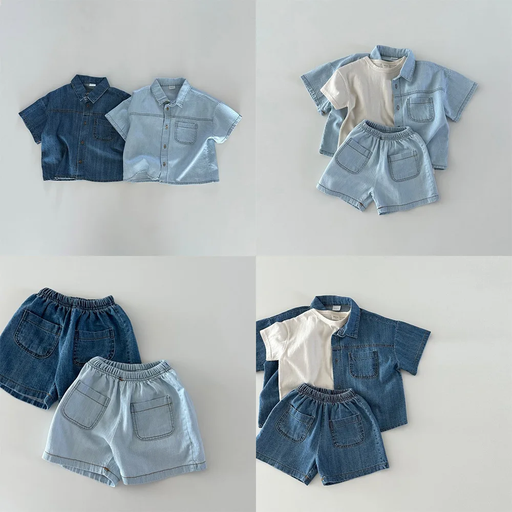 New Korean Version of Short-Sleeved Denim Shirt and Shorts Set for Boys and Girls, Summer Fashionable and Stylish Two-Piece Set
