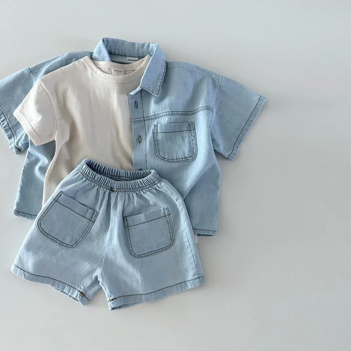 New Korean Version of Short-Sleeved Denim Shirt and Shorts Set for Boys and Girls, Summer Fashionable and Stylish Two-Piece Set